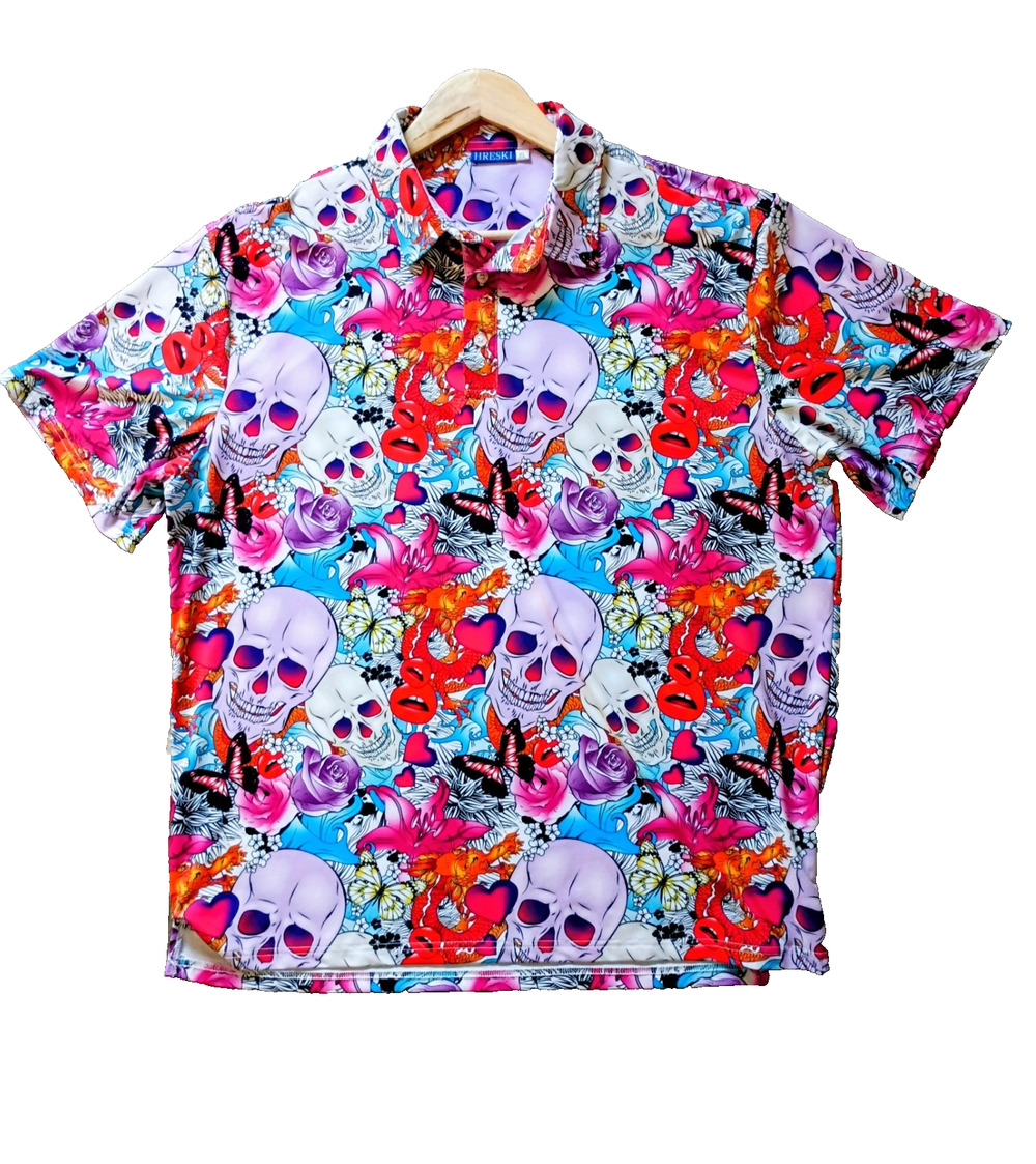 Hreski Men's XL Skulls & Roses Button Up Shirt Gothic Dragon Tattoo Graphic